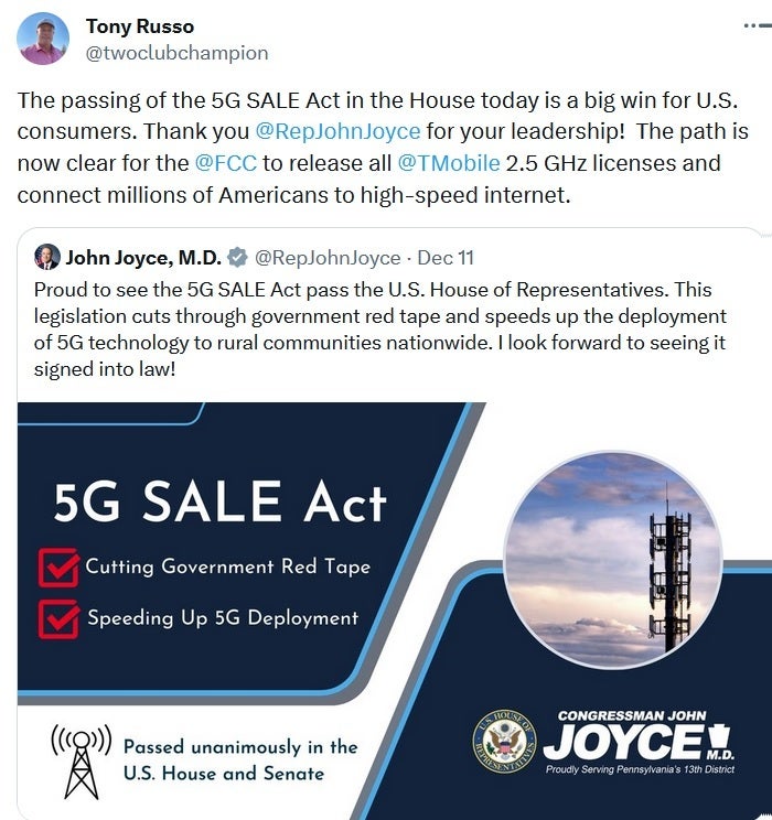 Tony Russo, Vizepräsident für Legislativangelegenheiten bei T-Mobile, feiert die Verabschiedung des 5G SALE Act im Repräsentantenhaus – Sobald Biden auf der gepunkteten Linie unterschreibt, erhält T-Mobile mehr 2,5-GHz-Goldlöckchen-Spektrum