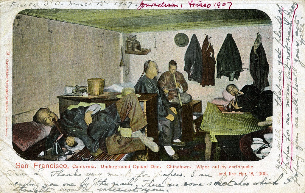 Postkarte einer chinesischen Opiumhöhle in San Francisco im 20. Jahrhundert