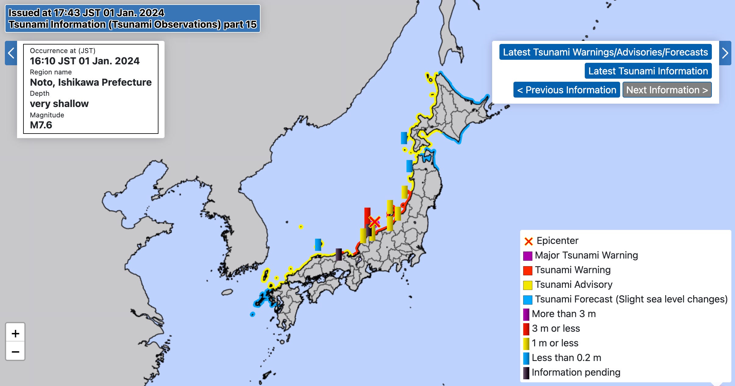Eine Karte zeigt die am 1. Januar in Japan geltenden Tsunami-Warnungen