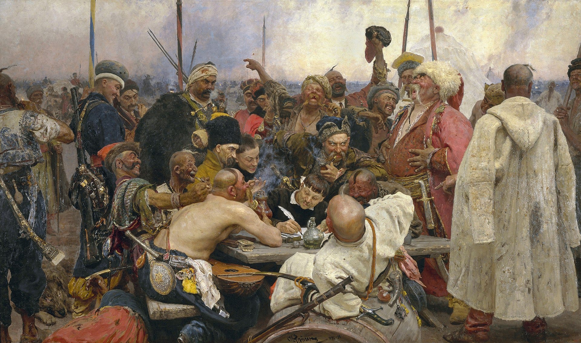 Lhuissets Kunstwerk ist eine Hommage an „Antwort der Saporoschja-Kosaken an den türkischen Sultan“ von Ilja Repin.