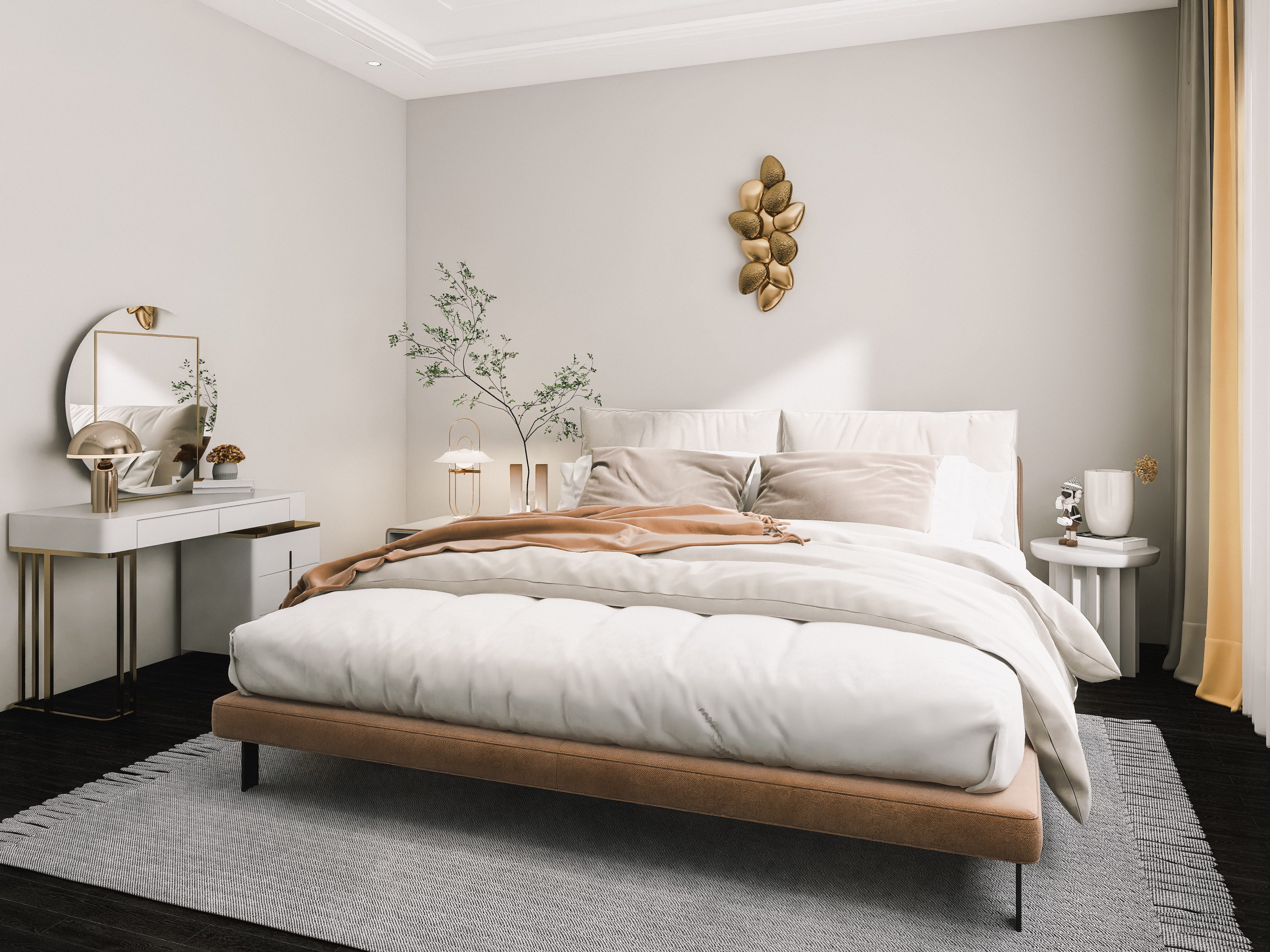 Ein Schlafzimmer mit grauen Wänden, neutraler Bettwäsche, einem grauen Teppich, einem weißen Waschtisch mit einem runden Spiegel darauf und erdigen Dekorationen.