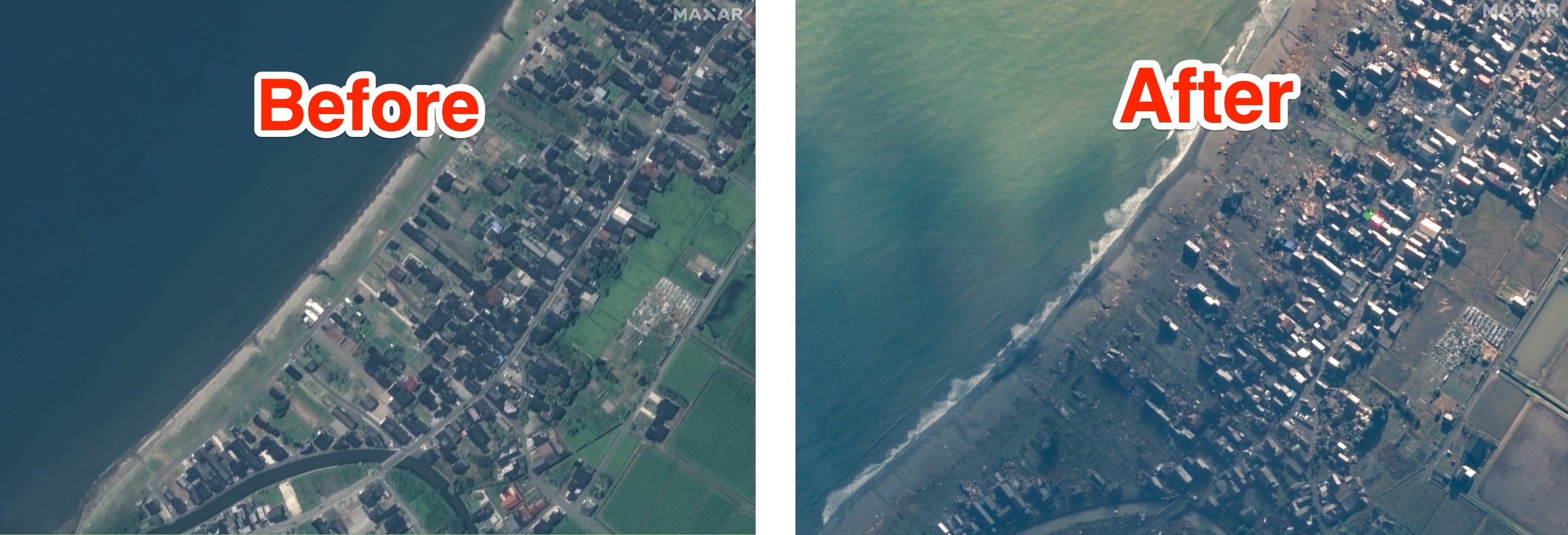 Foto einer Küstenstadt in Japan vor und nach der Überschwemmung durch einen Tsunami.