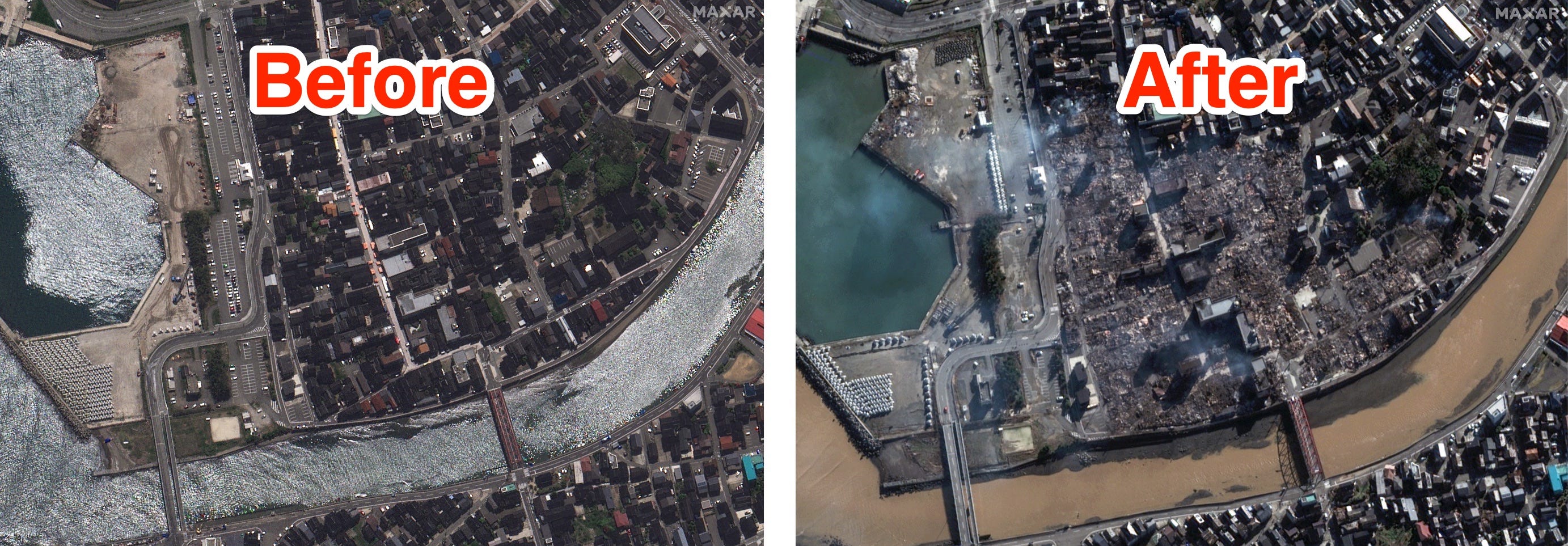 Links ist eine Luftaufnahme einer japanischen Stadt vor einem schweren Erdbeben zu sehen.  Rechts ist eine Luftaufnahme derselben Region nach dem Erdbeben zu sehen, die massive Zerstörungen an Häusern und Straßen zeigt.