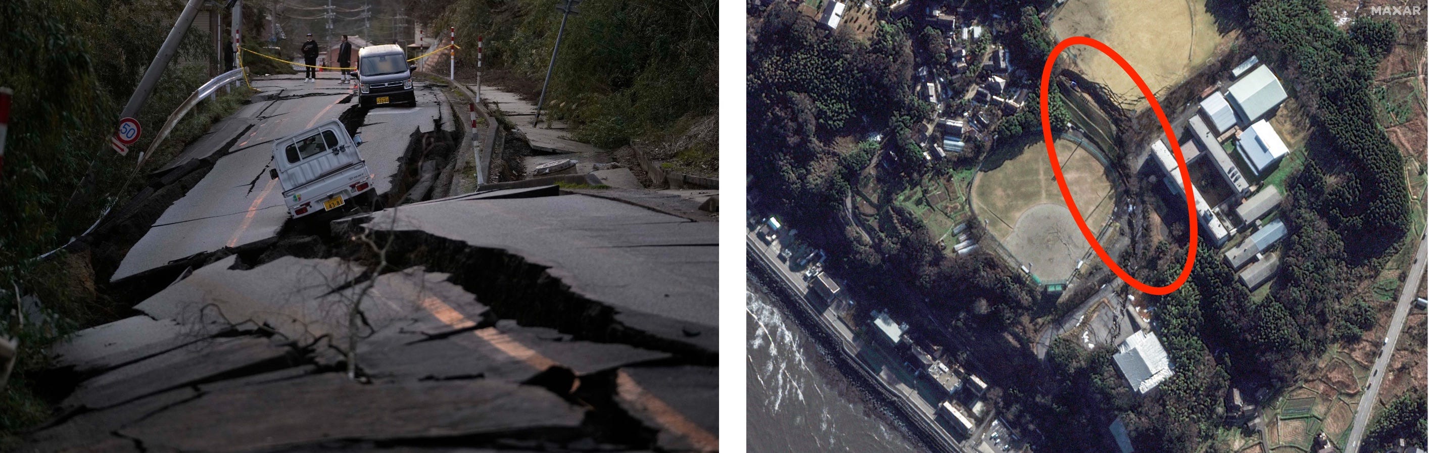 Das linke Bild zeigt eine durch ein Erdbeben zerstörte Straße in Japan.  Das rechte Bild ist ein Satellitenfoto eines riesigen Risses im Boden in Japan, der vom selben Erdbeben stammt.