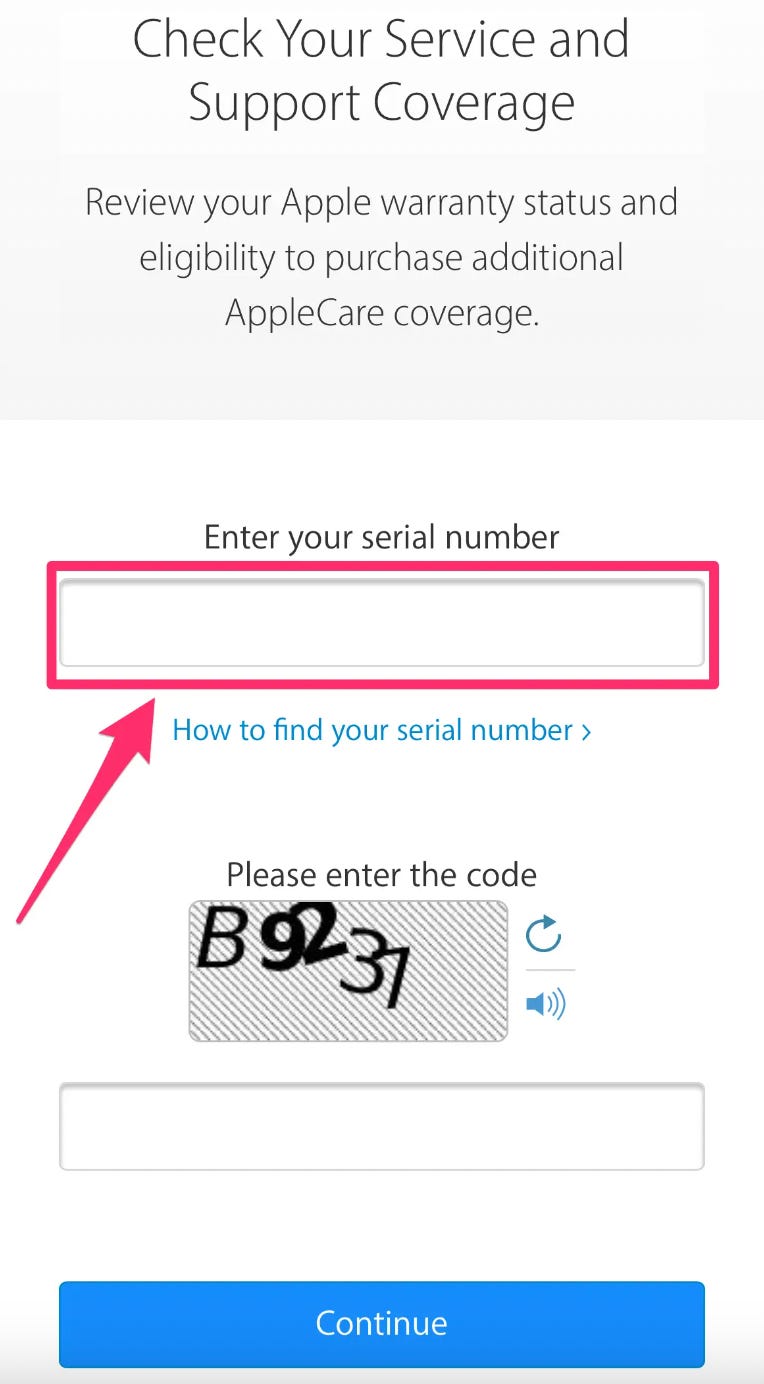 iPhone-Screenshot der Apple-Garantie-Tracker-Seite mit hervorgehobenem Textfeld zur Eingabe der Seriennummer Ihres Geräts