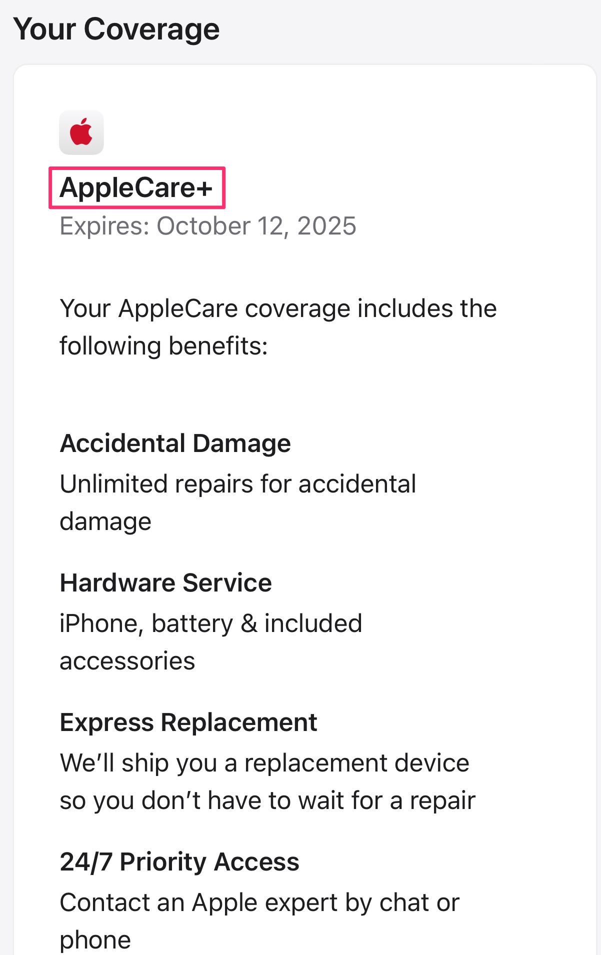 Screenshot, der den Versicherungsschutz eines Apple-Kunden zeigt, wobei der Garantiestatus rot hervorgehoben ist.