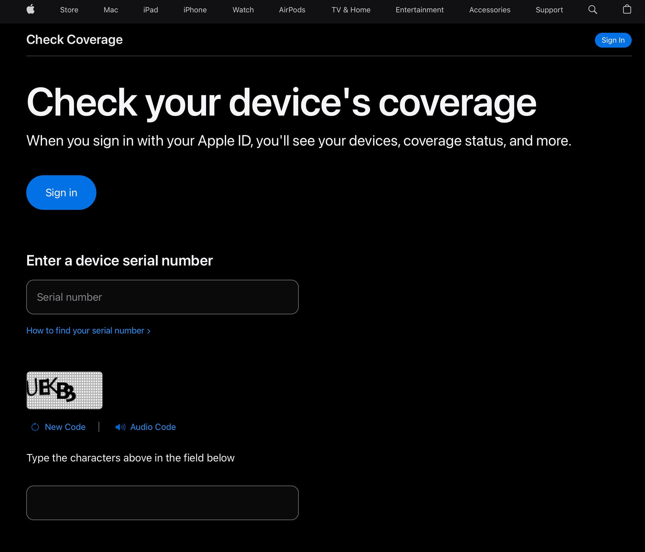 Apple-Garantie-Tracker-Seite mit hervorgehobenem Feld „Geben Sie Ihre Seriennummer ein“.