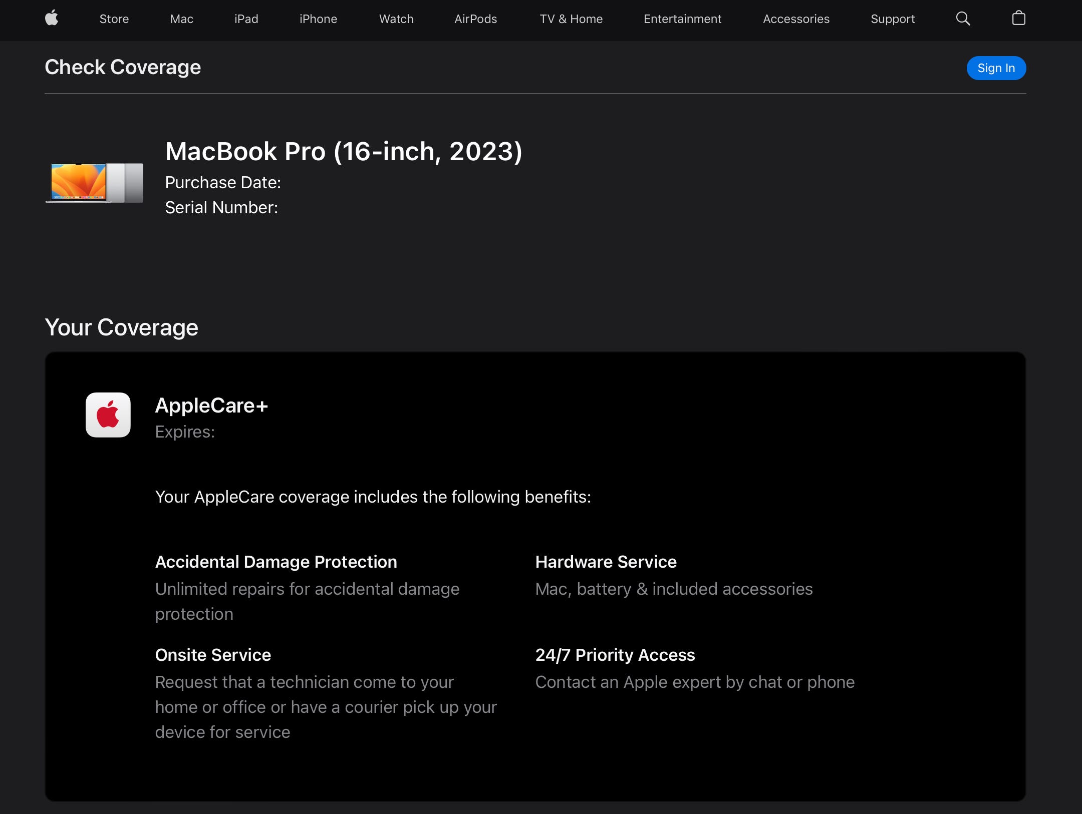 Apple-Garantie-Tracker-Seite mit einem MacBook Pro mit gültigem AppleCare+