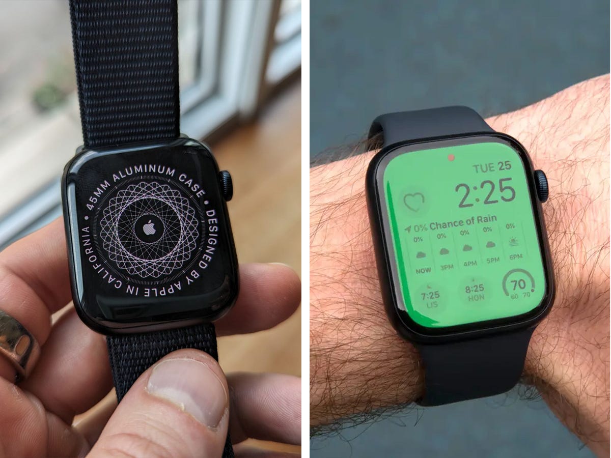 Ein Bild nebeneinander einer Apple Watch Series 9 und einer Apple Watch Series 8.