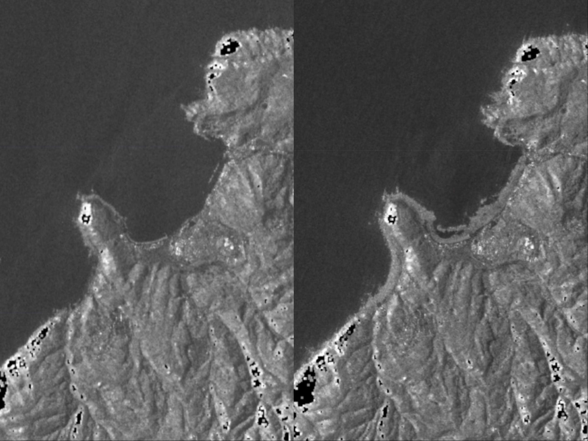zwei Satellitenbilder derselben Küstenlinie vor und nach der Erhebung neuen Küstenlandes aus dem Ozean