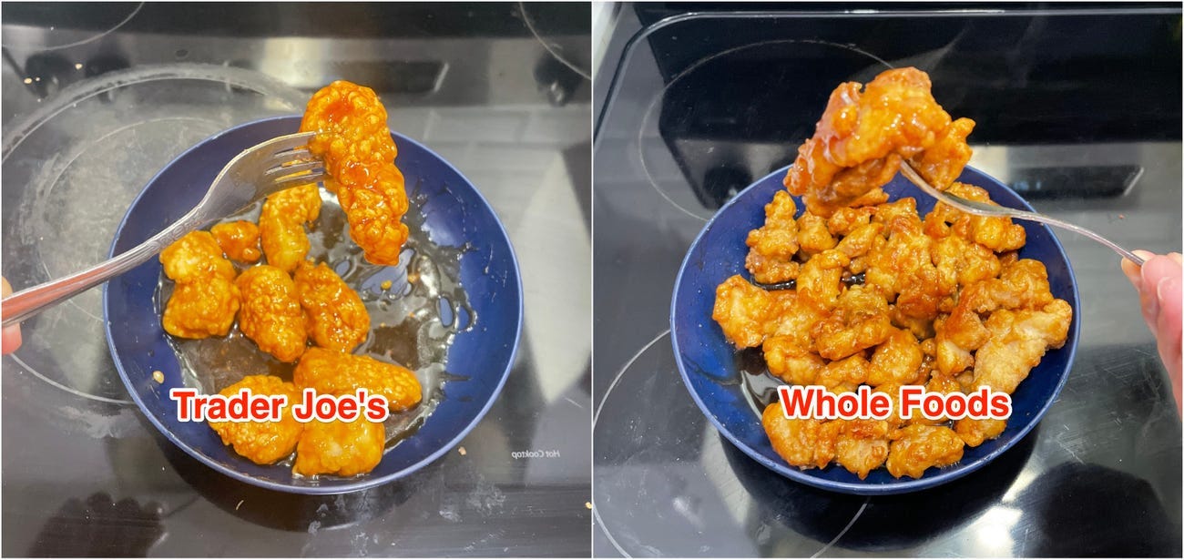 Trader Joe's Orange Chicken (links) und Whole Foods Orange Chicken (rechts)