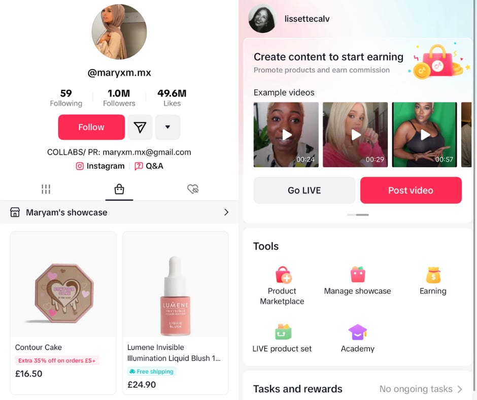 TikTok-Screenshots, wie die Produktpräsentation im Shop aussieht und wie das Backend mit Angeboten für einen anderen YouTuber aussieht.