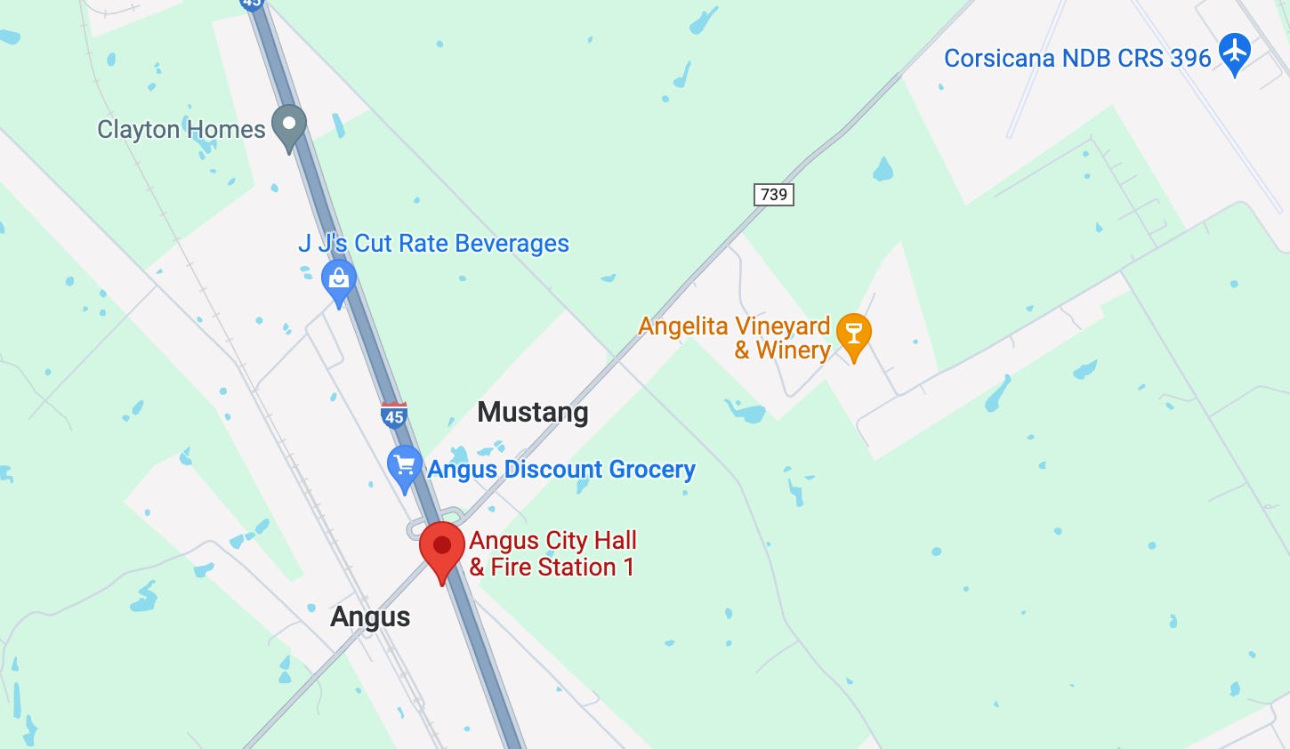 Google Maps-Screenshot von Mustang und Angus.