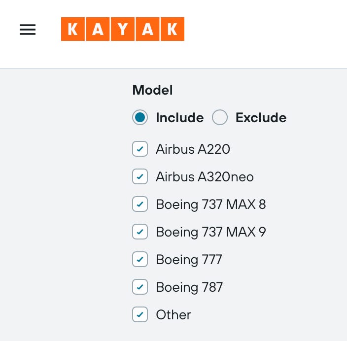 Mit Kayak können Benutzer die Suche nach Flugzeugen filtern.
