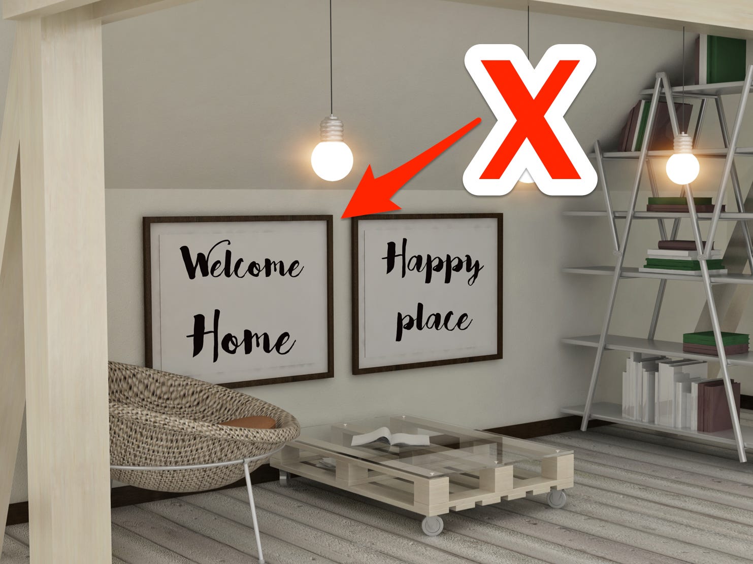 Rotes X und Pfeil zeigen auf Wohndekorschilder mit der Aufschrift „Welcome Home“ und „Happy Place“.