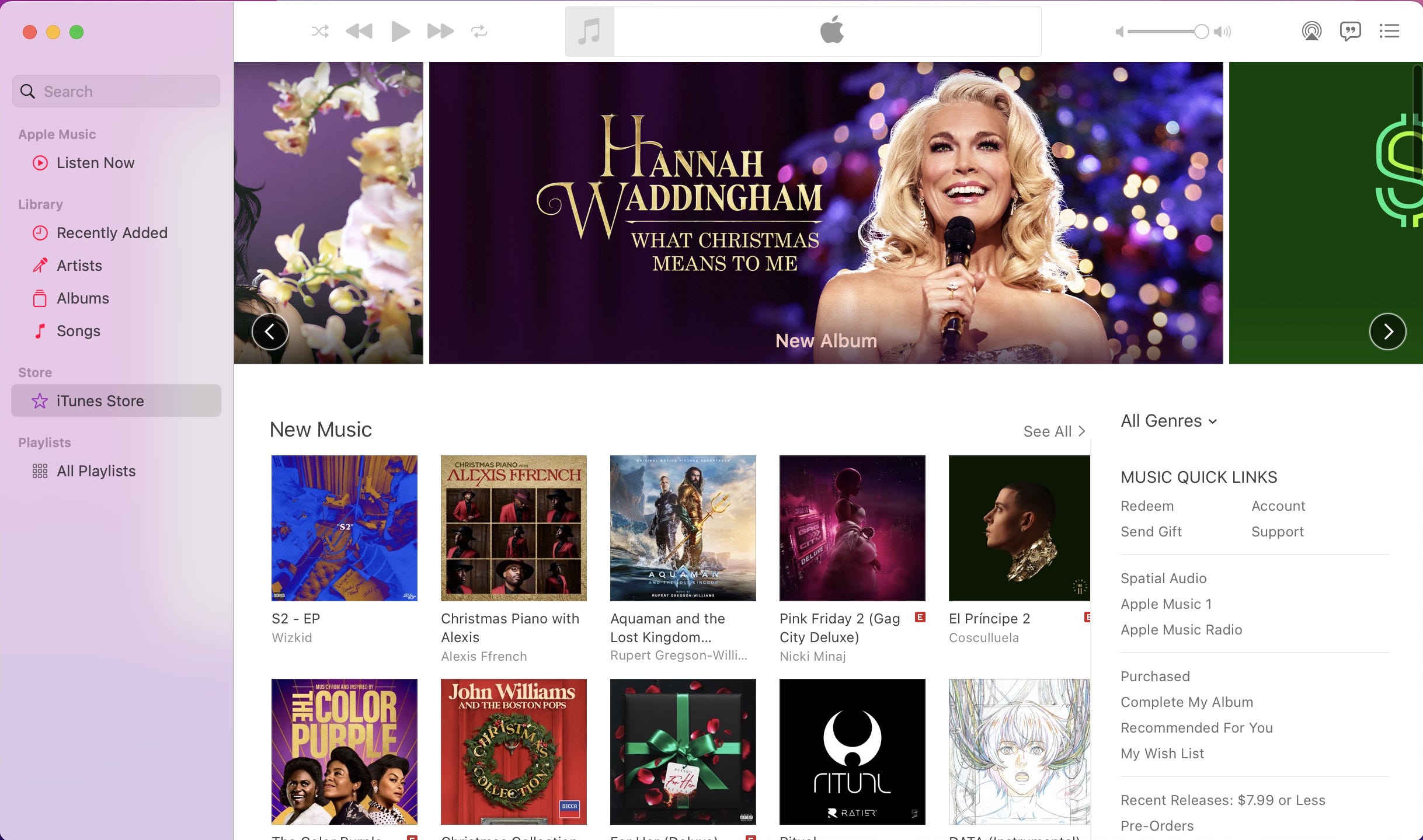 Screenshot der Musik-App für MacOS Catalina mit hervorgehobenem iTunes Store im linken Menü.  Albumcover neuer Musik werden in der Mitte des Bildschirms angezeigt.