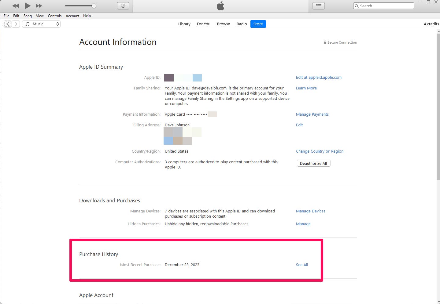Der Screenshot von iTunes für Windows zeigt eine Seite mit dem Titel „Kontoinformationen“ und den Worten „Kaufhistorie“, die in einem roten Feld hervorgehoben sind