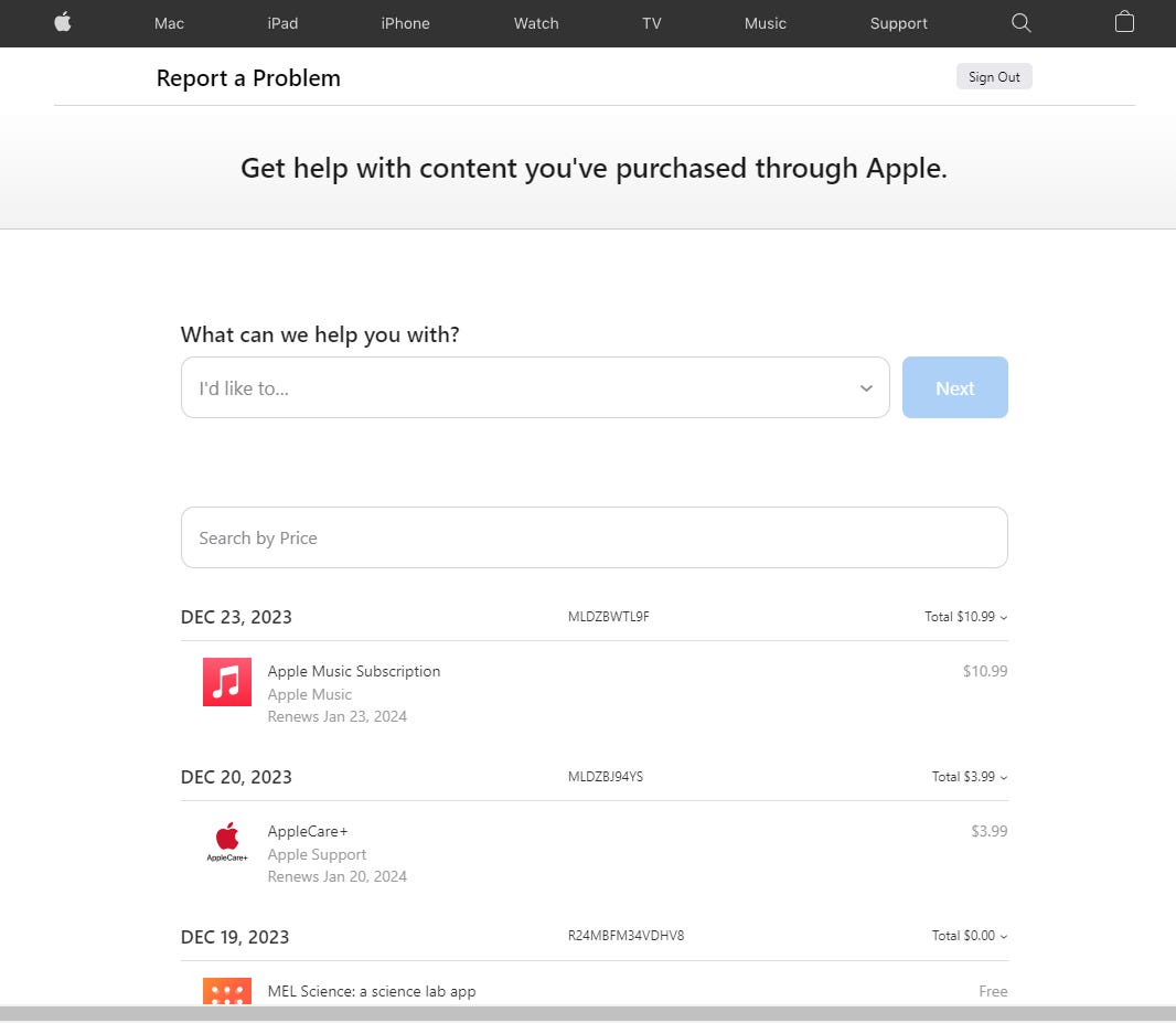 Screenshot der iTunes-Kaufhistorie auf einer Apple-Website mit dem Apple-Logo und der Überschrift „Problem melden“