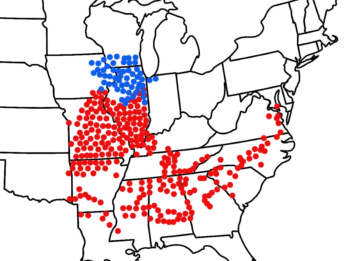 Eine Zikadenkarte der USA mit blauen Punkten in den Bundesstaaten in und um Illinois und roten Punkten hauptsächlich im Süden und oberen Mittleren Westen.