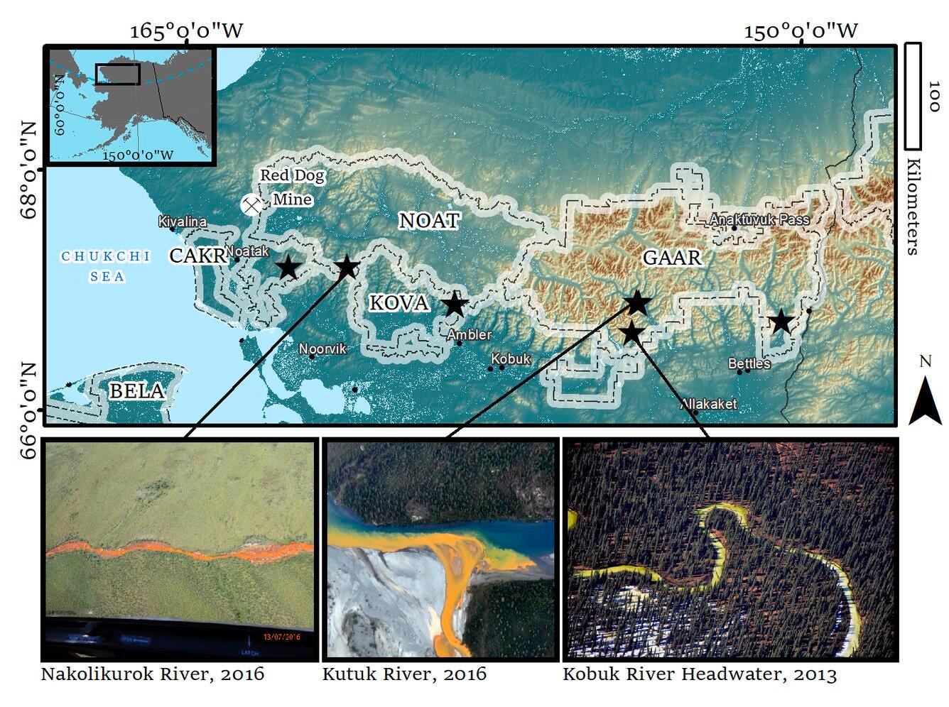 Karte der Orte und drei Bilder von orangefarbenen Flüssen in Alaska