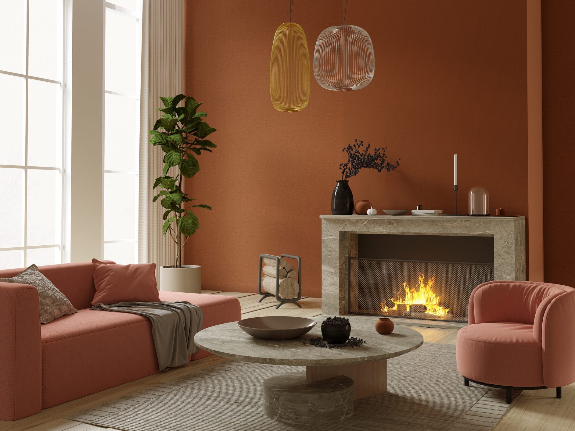 Wohnzimmer mit Couchtisch aus Stein und Kaminsims sowie pfirsichfarbener Couch und Stuhl sowie einer rostfarbenen Wand