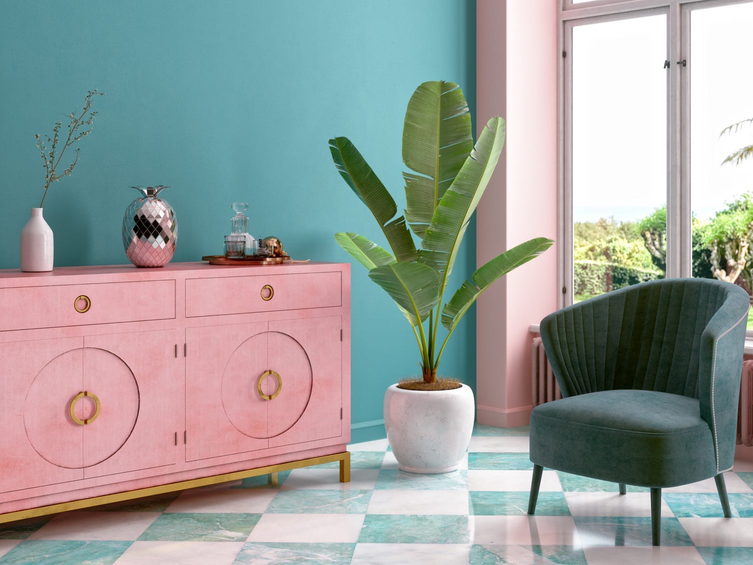Wohnzimmer mit rosa Tisch und Akzentwand, einer Topfpflanze und einer blaugrünen Wand, Fliesen und Stuhl