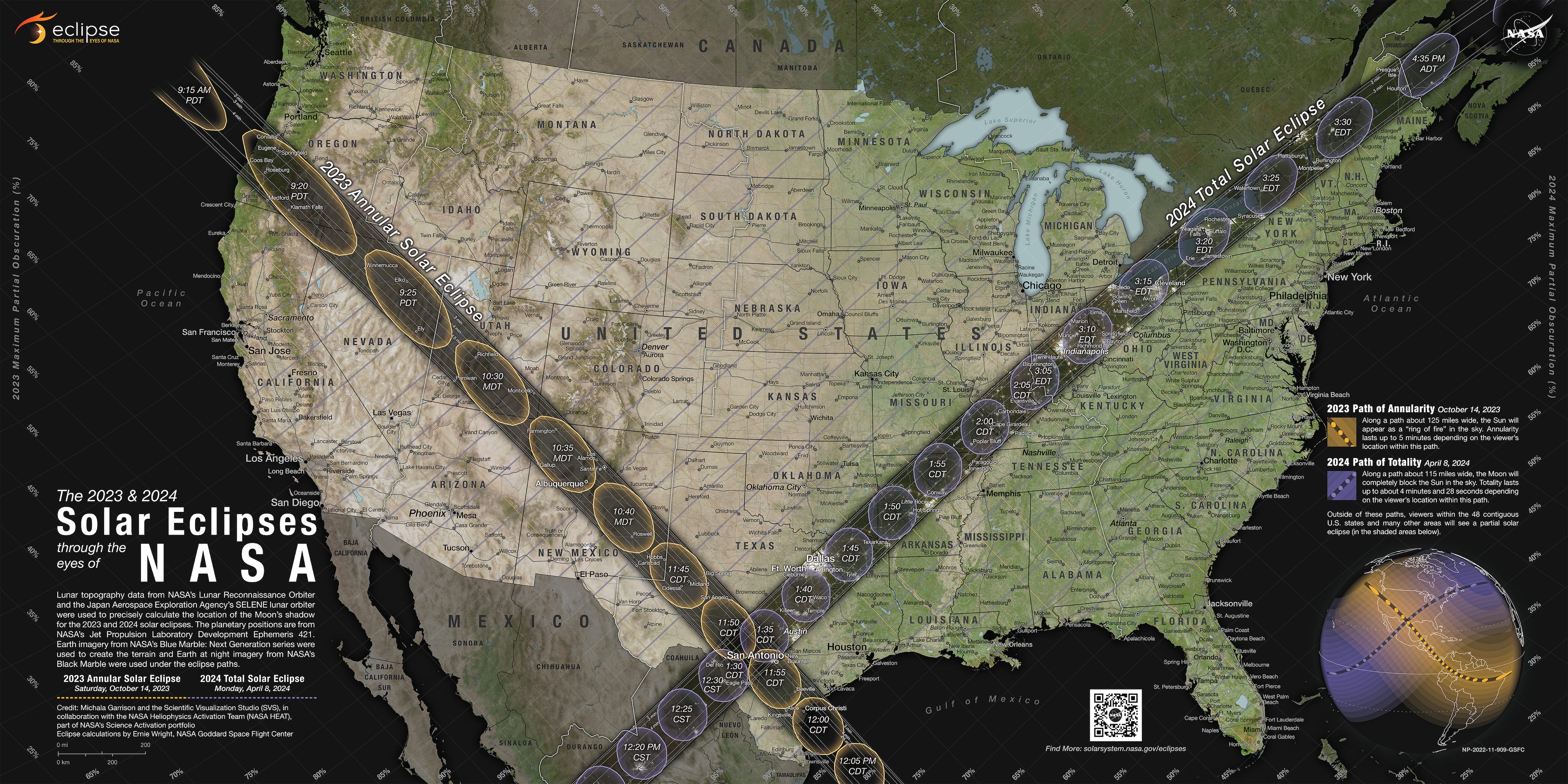 Die Karte zeigt zwei Gürtel, die die Bahnen von Sonnenfinsternissen durch die USA darstellen.
