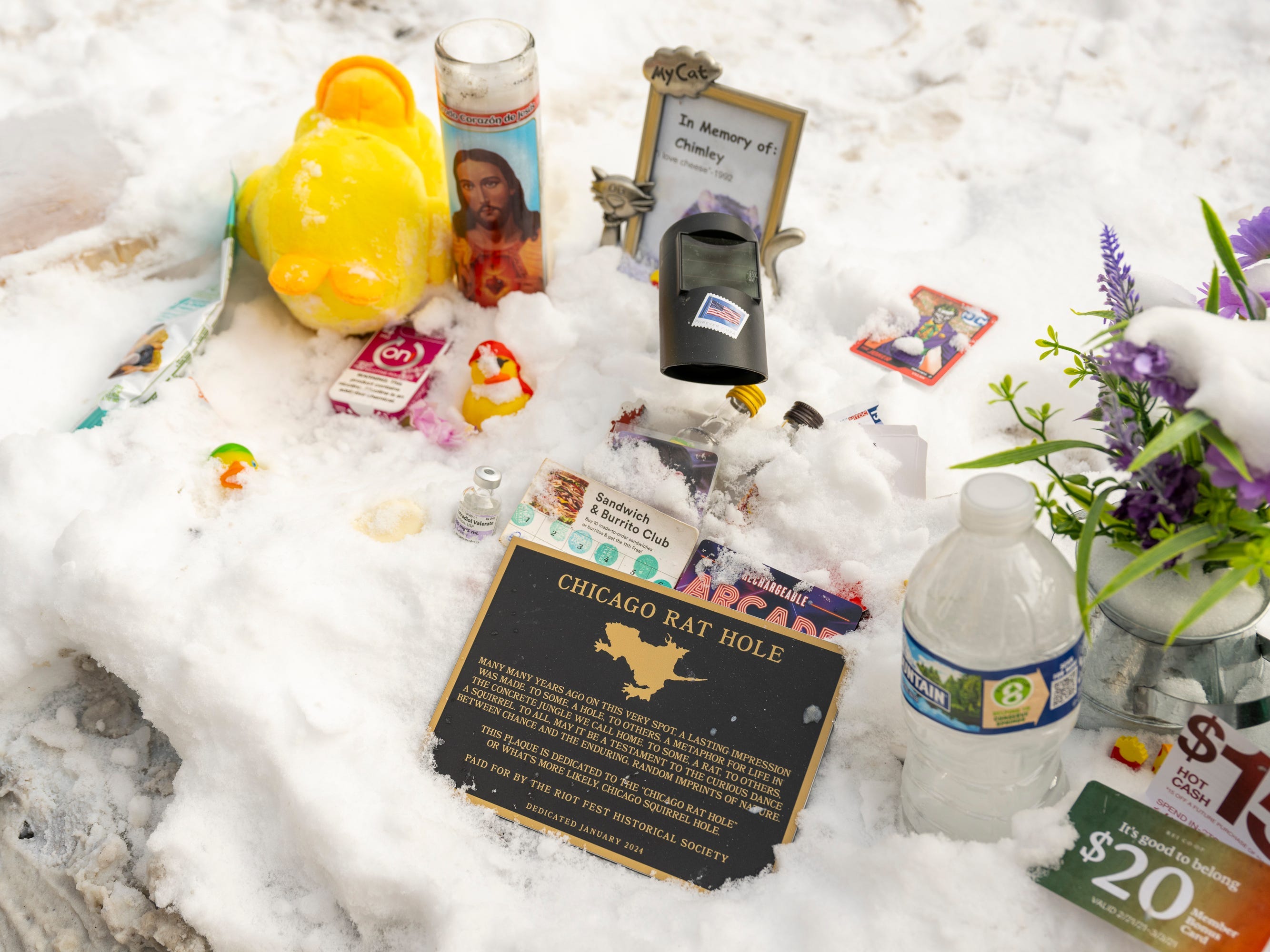 Tribute hinterlassen im Schnee in der Nähe des „Rattenlochs“ von Chicago.