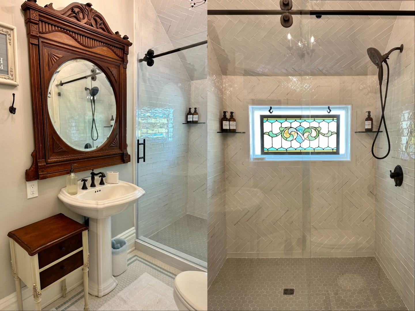 Ein zusammengesetztes Bild, das den Waschbeckenbereich und den Duschbereich des Badezimmers im ersten Stock zeigt.