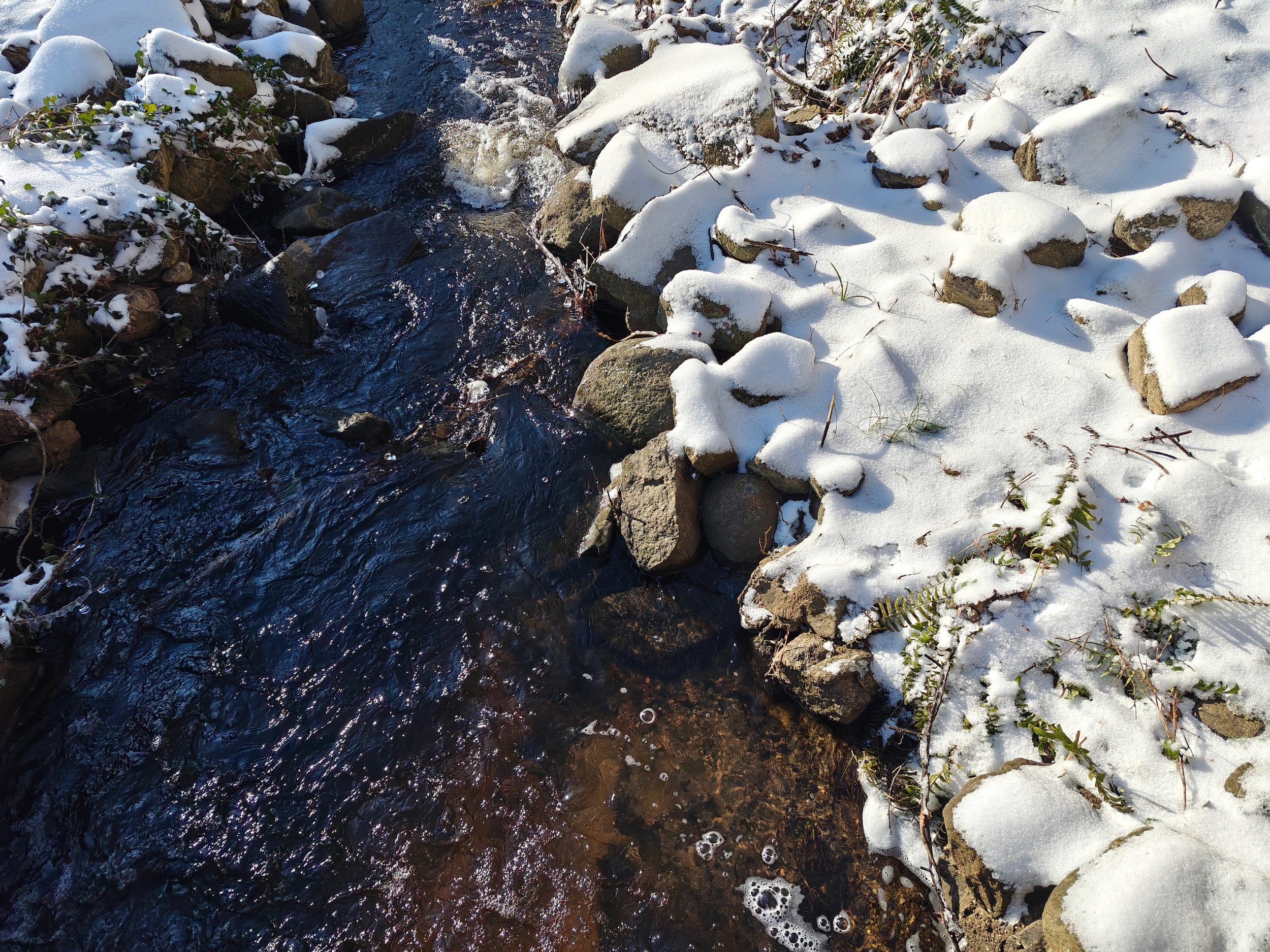 Ein Foto eines Baches und schneebedeckter Felsen, aufgenommen mit der Hauptkamera des OnePlus 12.