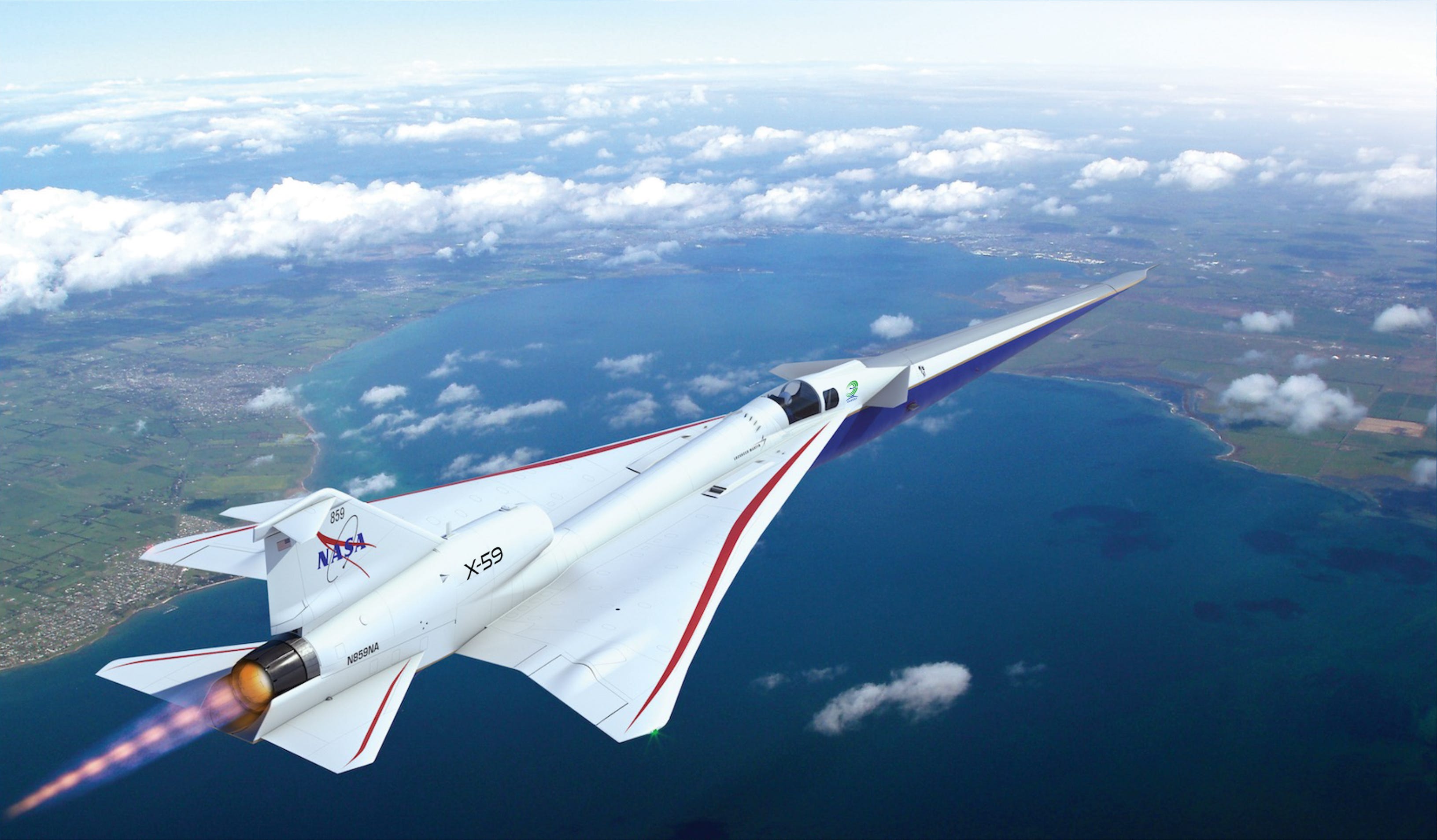 Eine künstlerische Darstellung der X-59 der NASA im Flug zeigt ein schlankes Flugzeug mit einer verlängerten Nase, das hoch über der Erde fliegt.