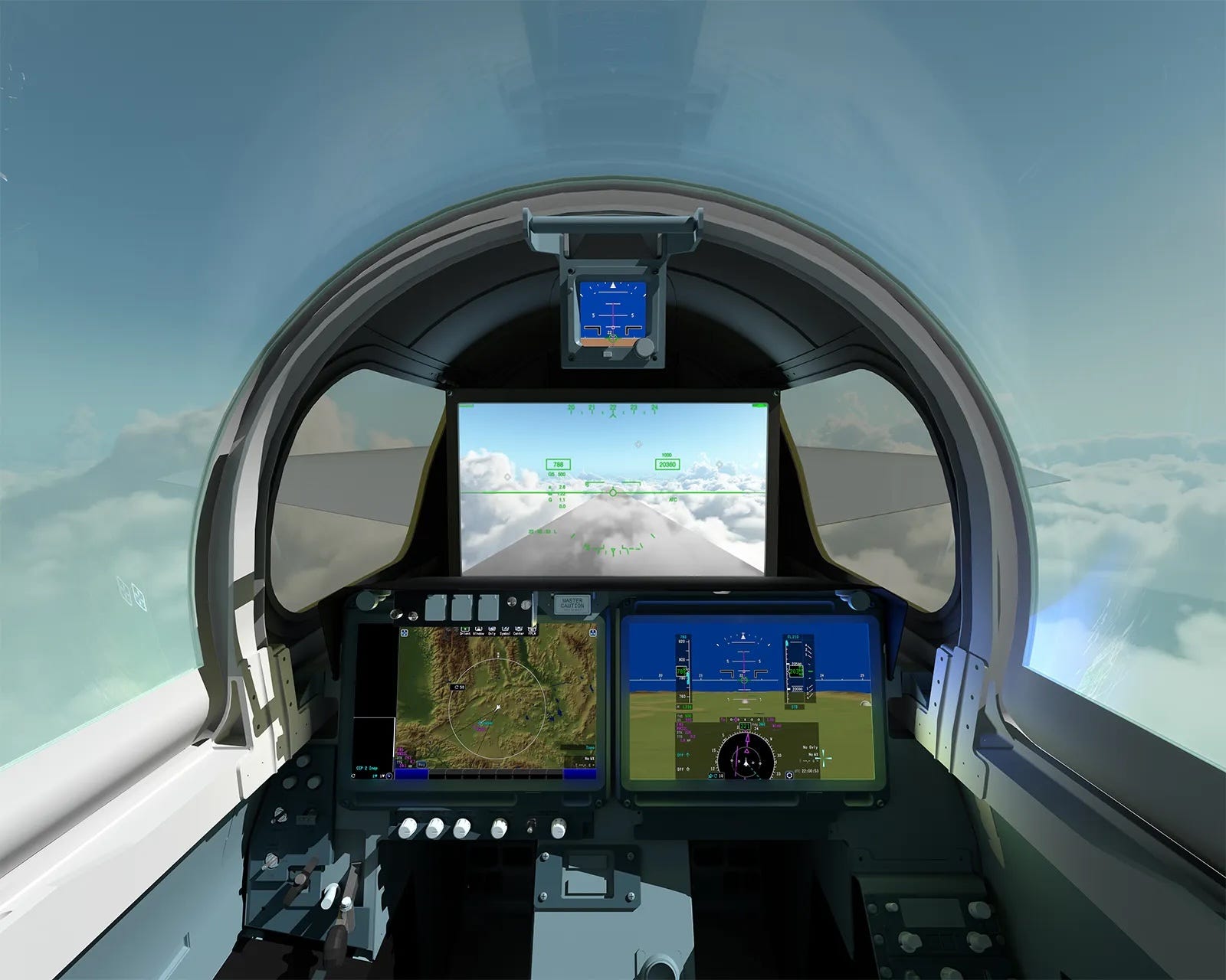 eine Darstellung im Cockpit eines Flugzeugs mit drei Bildschirmen, die den Blick nach draußen zeigen