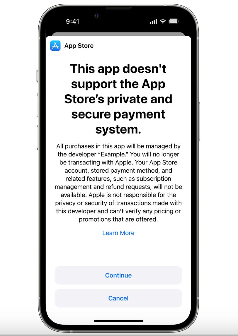 Eine Version des Bildschirms, auf dem Nutzer der Apple-App sehen, ob sie für Dinge bezahlen möchten, ohne den App Store von Apple zu nutzen.