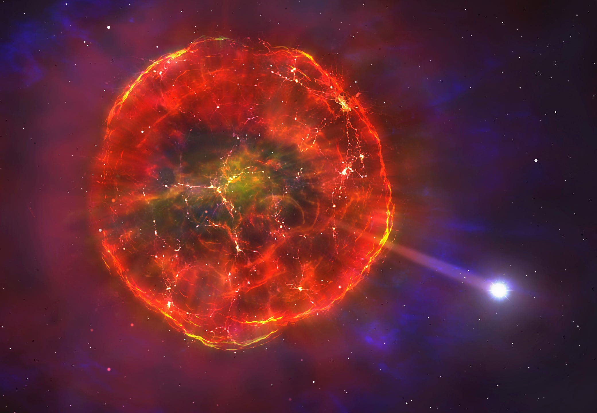 Illustration einer symmetrischen, kugelförmigen Supernova-Explosion.