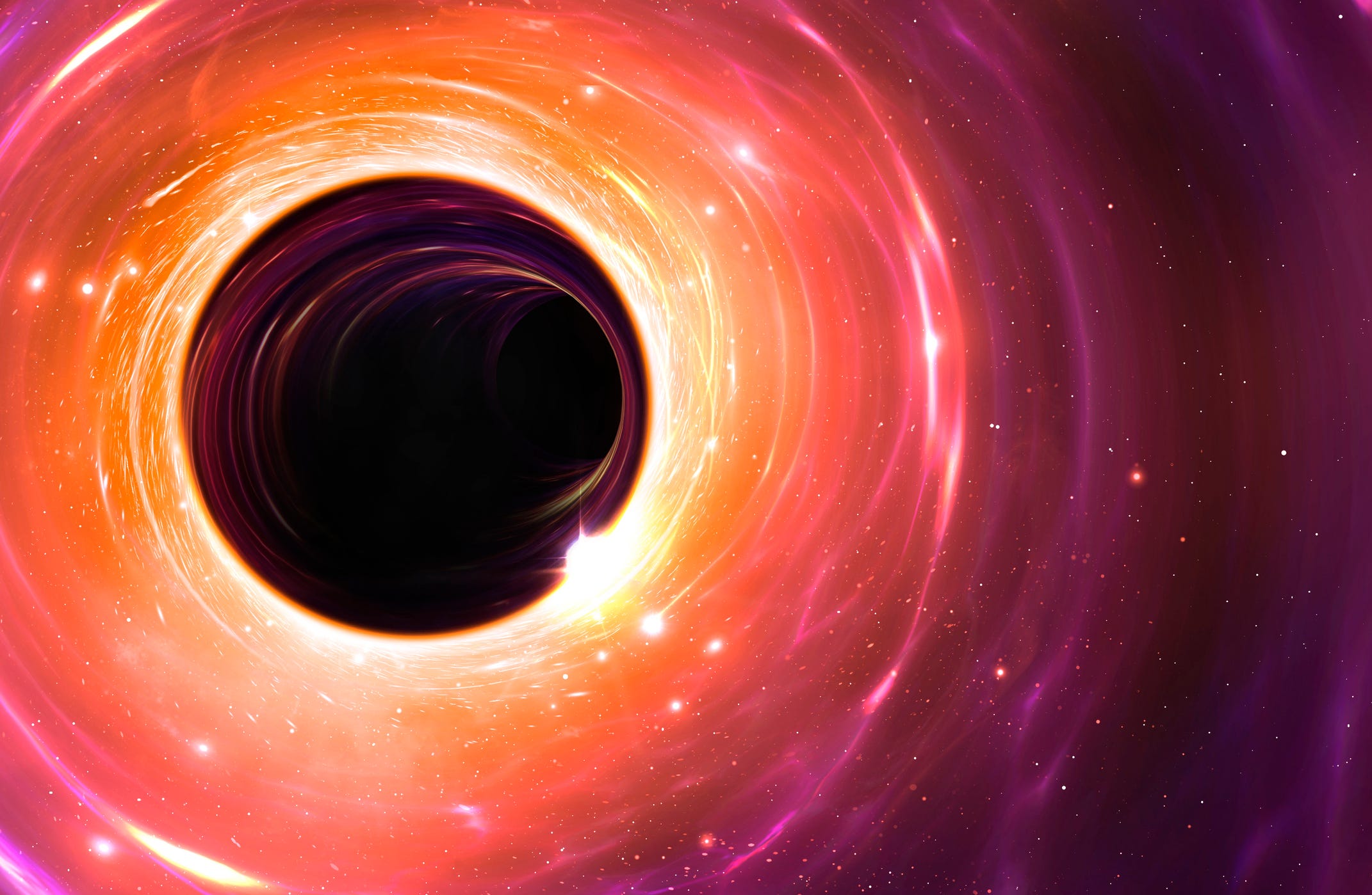 Illustration eines Schwarzen Lochs im Weltraum, umgeben von hellem Licht.