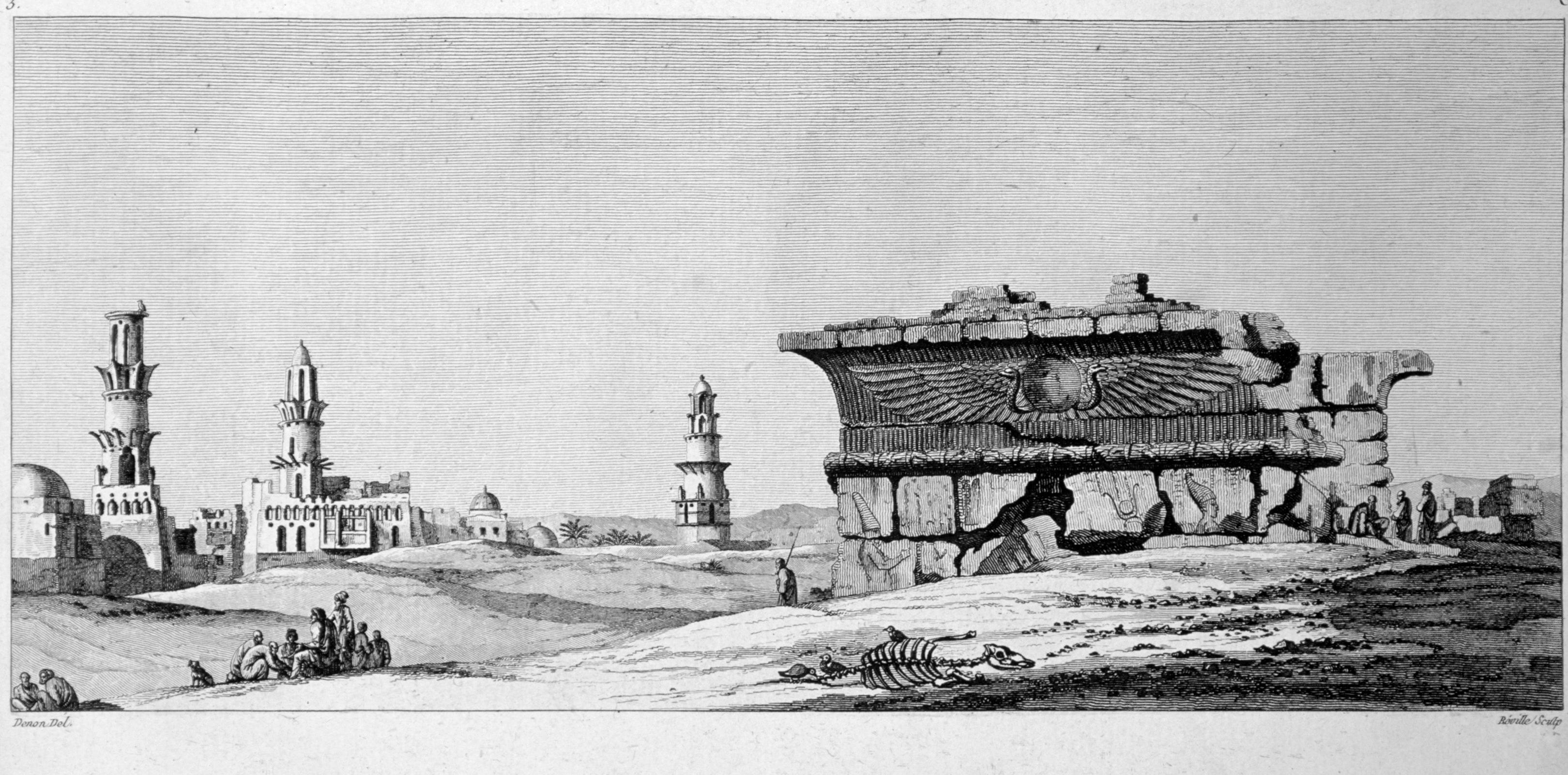 Zeichnung des Edfu-Tempels in Ägypten von Vivant Denon, die Risse in der Struktur und größere Türme im Hintergrund zeigt