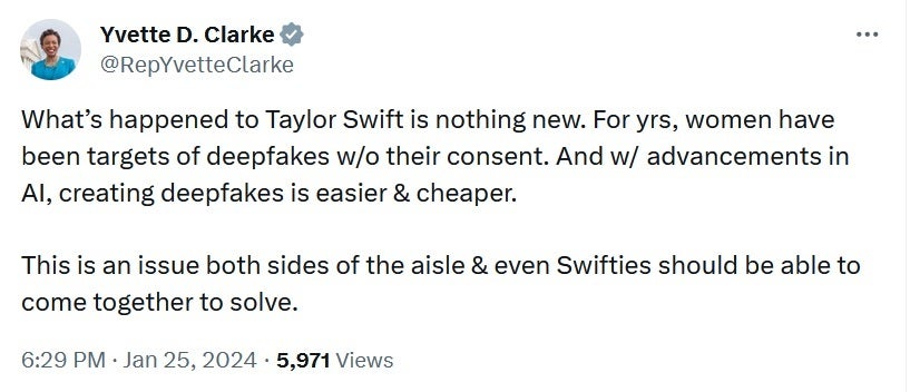 Die New Yorker Kongressabgeordnete Yvette Clarke sagt, dass dies ein Thema ist, an dem beide Seiten des Ganges arbeiten sollten – Explizite Deepfake-Bilder von Taylor Swift erregen US-Gesetzgeber in Aufruhr