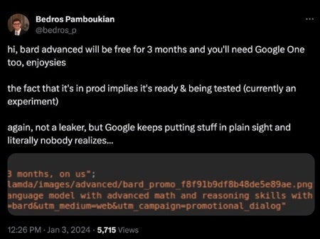 Quelle - Bedros Pamboukian |  X – Google verlangt möglicherweise Gebühren für Bard Advanced, seinen kommenden Chatbot mit Gemini Ultra