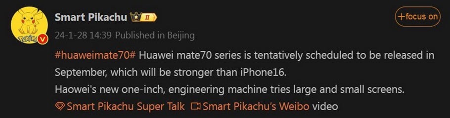 Die Huawei Mate 70-Serie ist das Thema dieses Weibo-Beitrags von @SmartPikachu – Huawei wird im kommenden September mit der Mate 70-Serie die iPhone 16-Reihe in China übernehmen