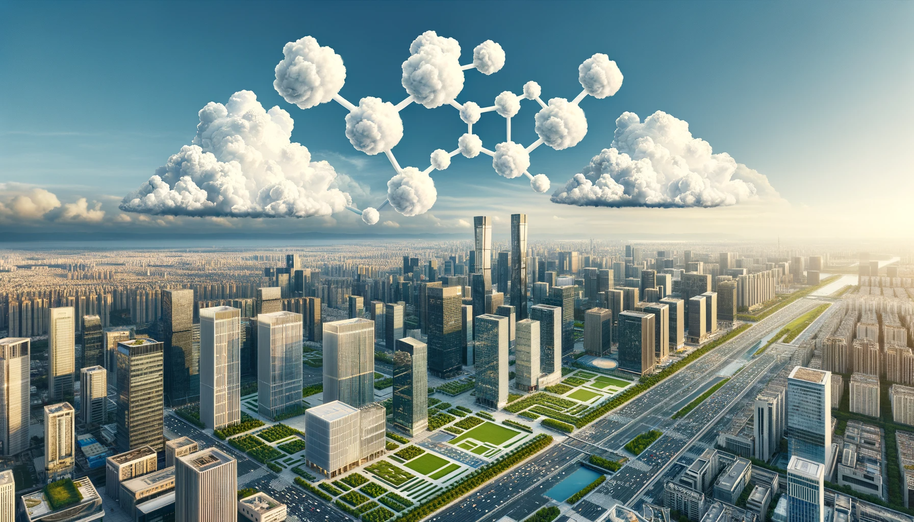 ChatGPT und DALL-E erstellten ein Panoramabild einer Stadt mit Wolken, die künstlerisch wie Wasserstoff und abgeleitete Moleküle geformt waren und die Illusion von Wasserstoffreichtum über der Stadt symbolisierten.