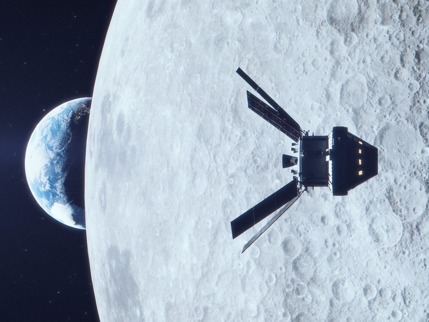 Die Abbildung zeigt ein Raumschiff mit Solarflügeln, das an der anderen Seite des Mondes vorbeifliegt, in der Ferne die Erde
