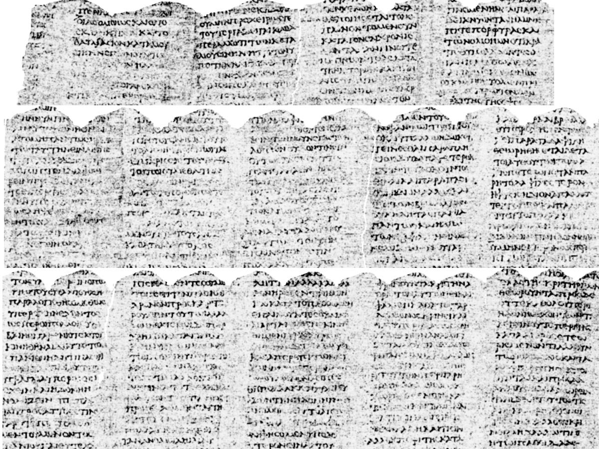 Mehrere Reihen griechischer Schrift auf Schwarz-Weiß-Bildern einer Papyrusrolle