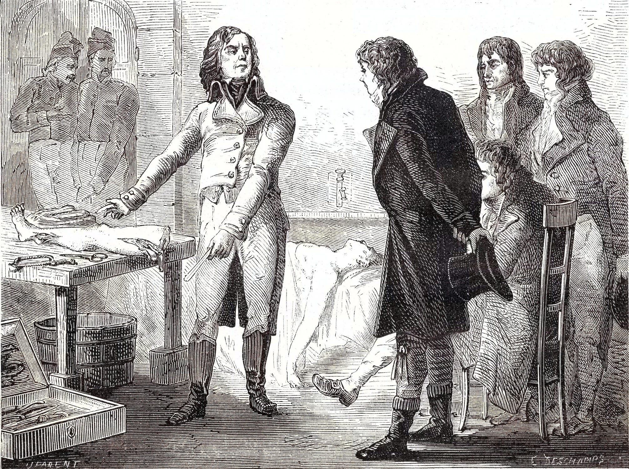 Gravur von mehreren Personen, die in der Nähe eines amputierten Beins stehen, mit einem Patienten im Hintergrund