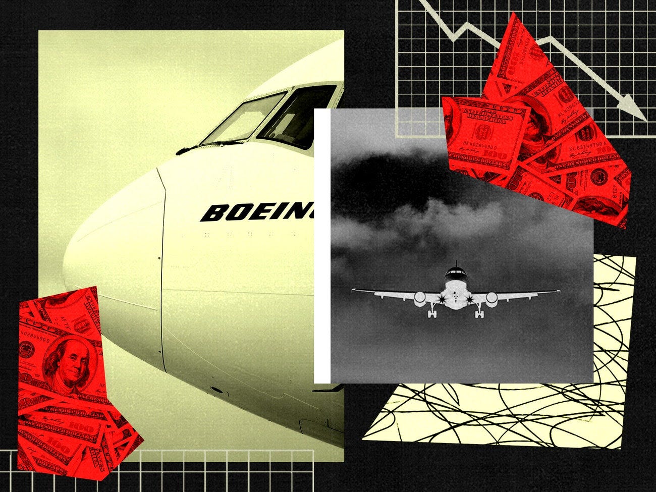 Eine Fotocollage aus einem Boeing-Flugzeug, Geld und Grafiken.