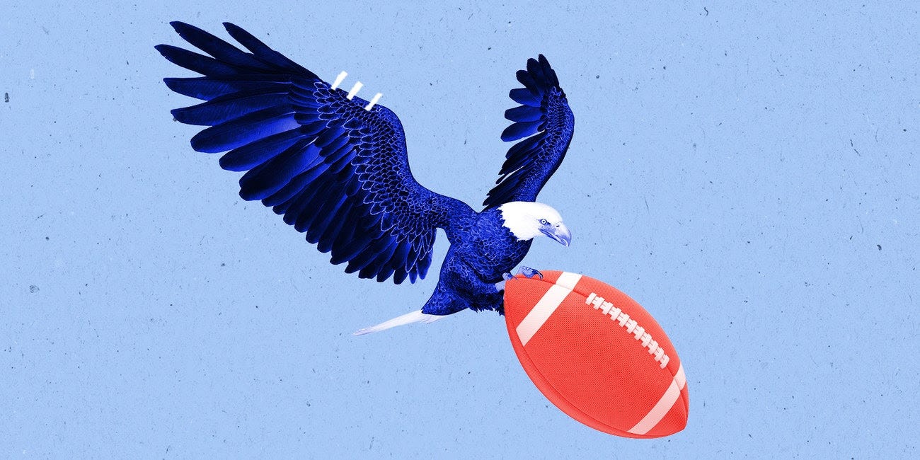 Eine Illustration eines Adlers, der einen Fußball trägt.