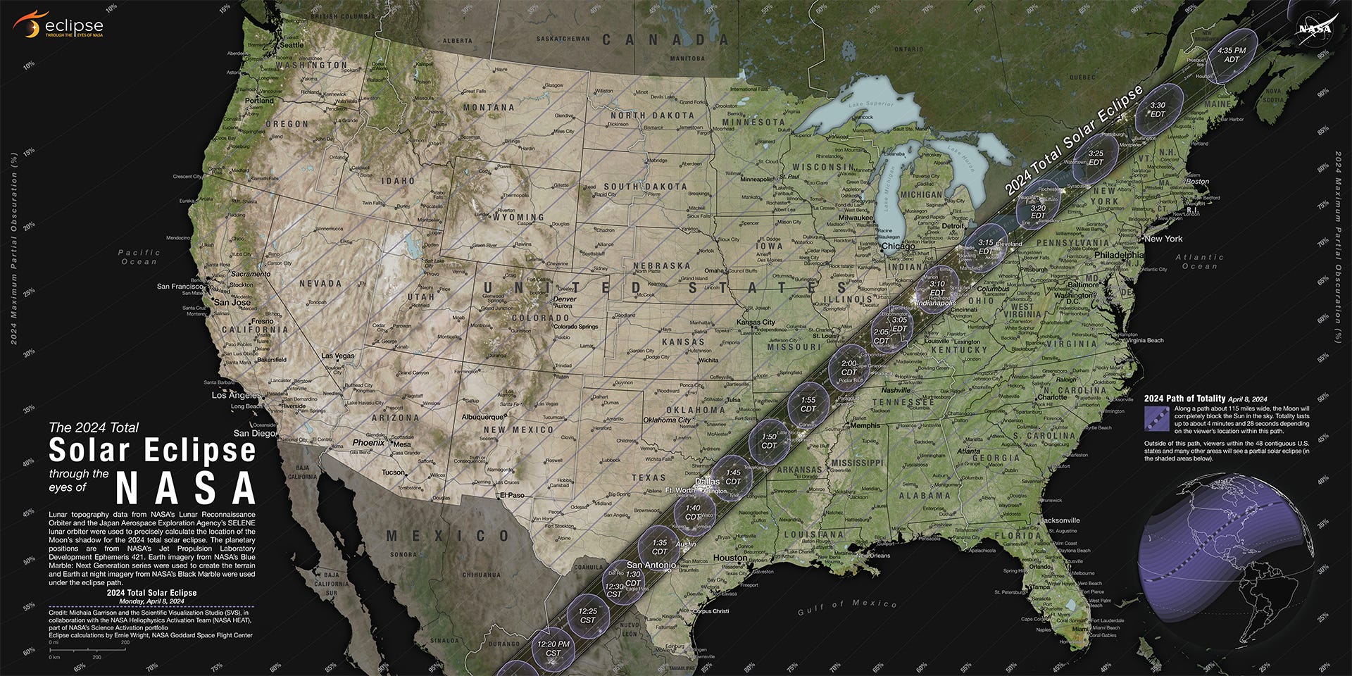 NASA-Grafik, die die Vereinigten Staaten mit einem dunklen Band zeigt, das sich von Texas bis Maine erstreckt und den Weg der Totalität anzeigt.