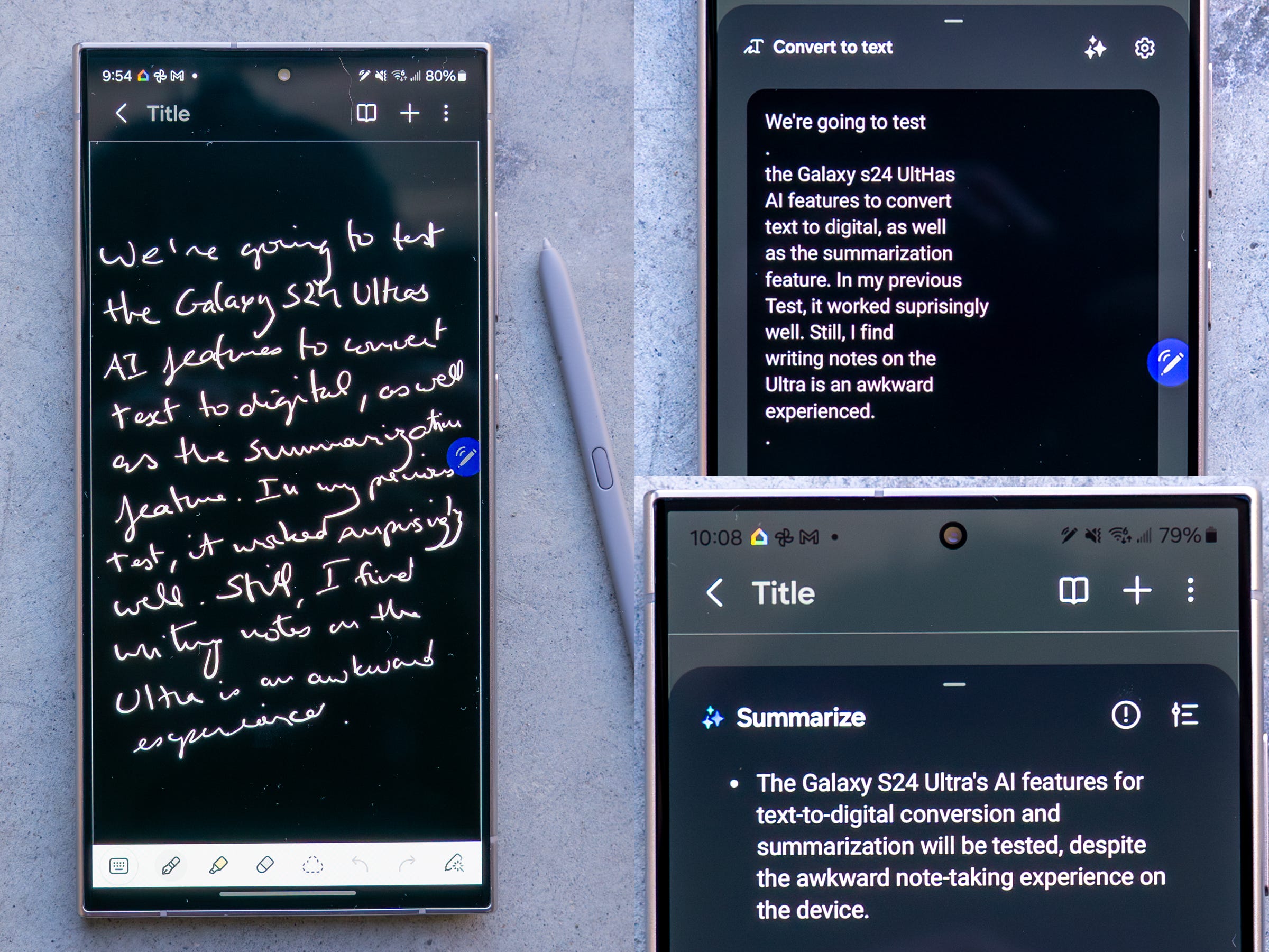 Die Collage des Samsung Galaxy S24 Ultra zeigt eine handschriftliche Notiz auf dem Display, die Funktion „In Text konvertieren“ und die Funktion „Zusammenfassen“.