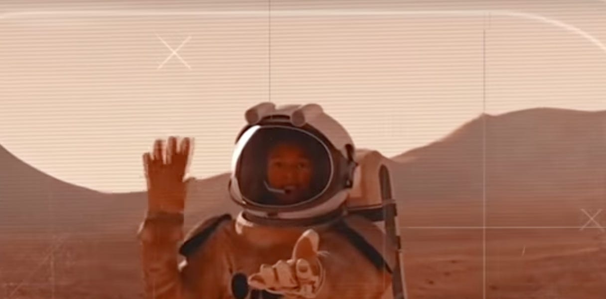 Künstlerische Illustration eines Astronauten auf dem Mars, der in eine Kamera winkt.