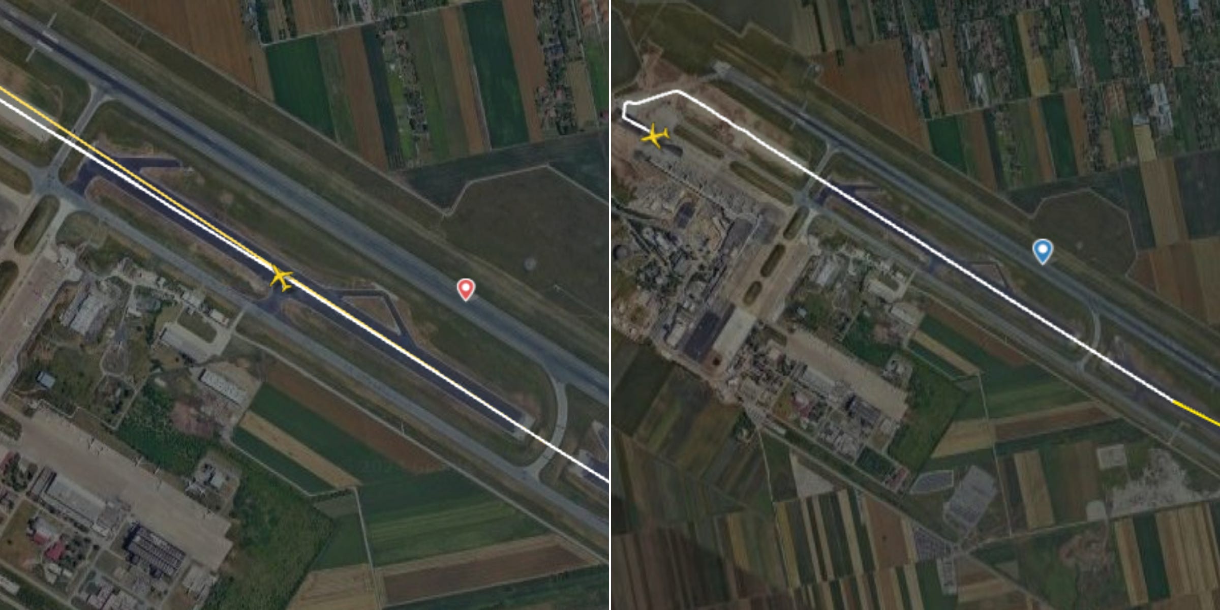 Links: Flug JU324 begann am Sonntag seinen Startlauf auf halber Höhe der Landebahn.  Rechts: Eine frühere Wiederholung desselben Fluges zeigt, wie das Flugzeug die gesamte Landebahnlänge nutzt.