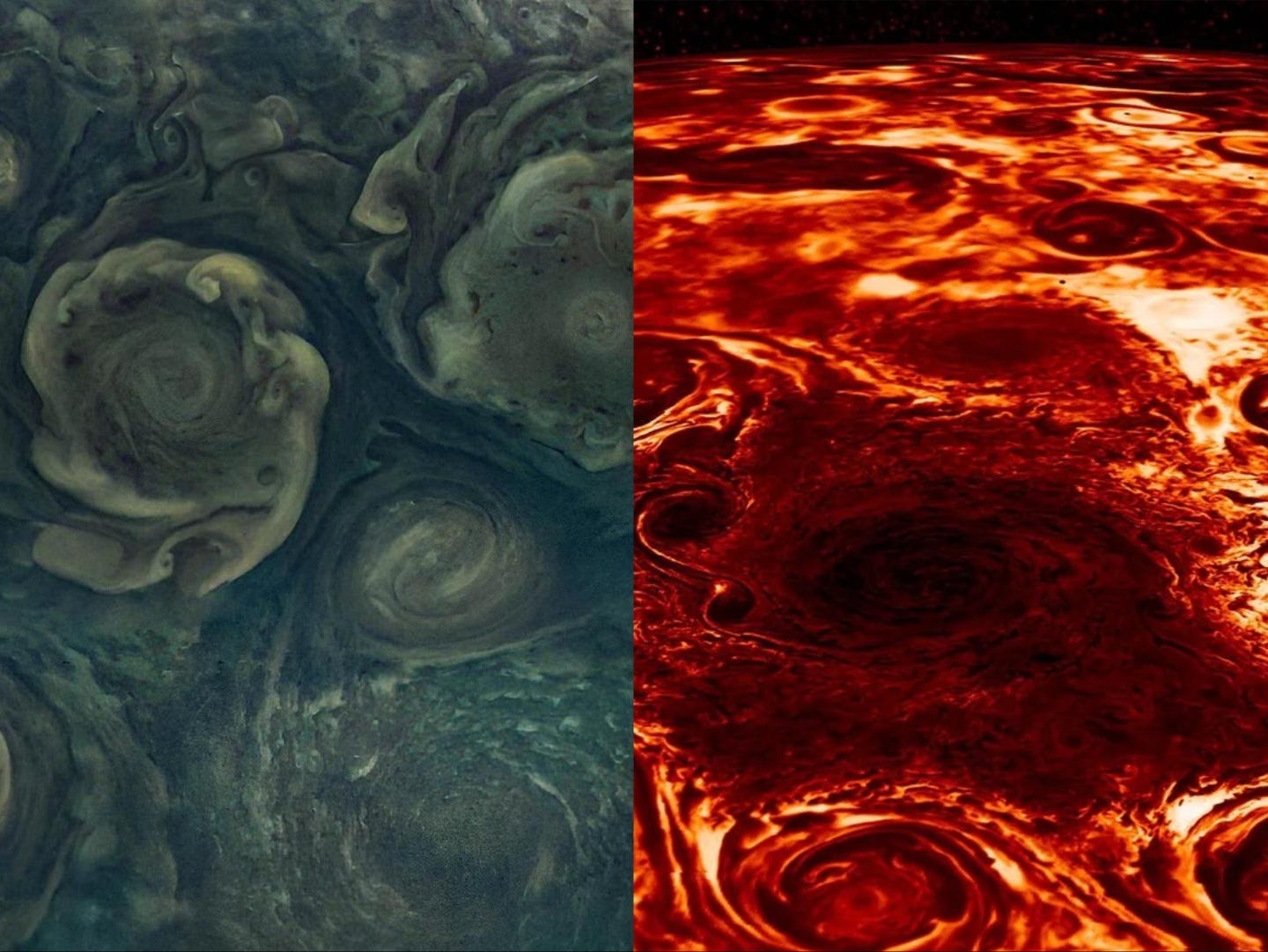 Ein blaues und grünes Bild von Zyklonen am Nordpol des Jupiter (links) neben einem zusammengesetzten Bild derselben Zyklone im Infrarot (rechts)